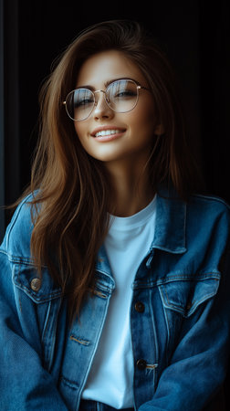 Portrait of a beautiful young woman in jeans jacket and glasses.の素材