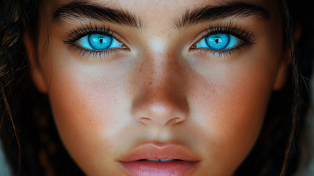Close-up portrait of a beautiful young woman with blue eyes.の素材