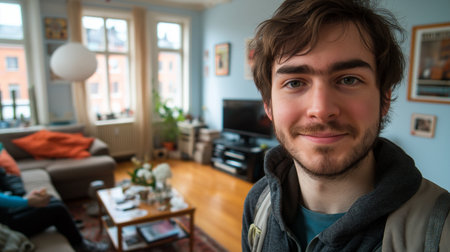 Portrait of a handsome young man at home in the living roomの素材