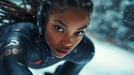3d rendering of a beautiful african american woman in the snowの素材