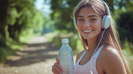 Sporty young woman drinking water and listening to music in the park.の素材