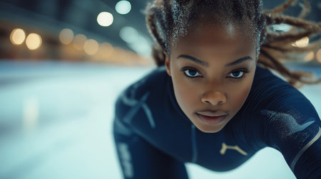 Beautiful african american woman in sportswear on ice skating rinkの素材
