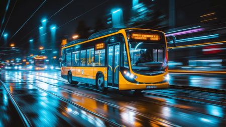 Bus on the road at night with motion blur background, long exposureの素材