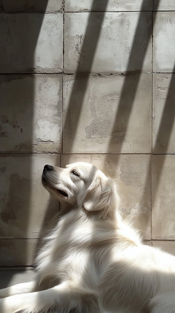 Golden Retriever dog in the shadow of the wall. Selective focusの素材