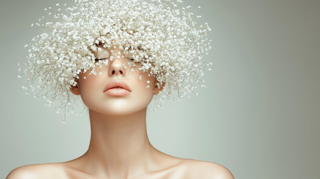 Beautiful young woman with wreath of white flowers on her headの素材