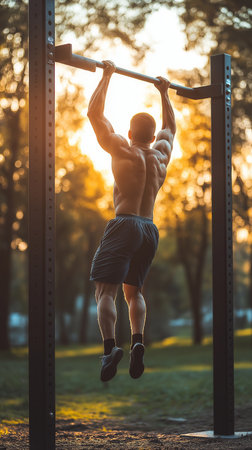 Young man doing pull-ups on horizontal bar in park at sunsetの素材