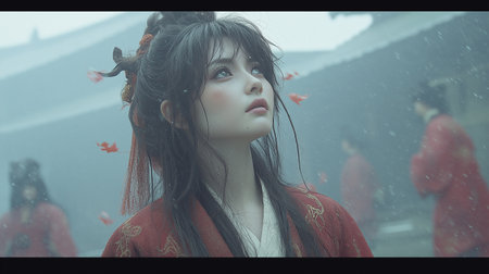 Beautiful asian woman with red dress and flying butterflies in the rainの素材