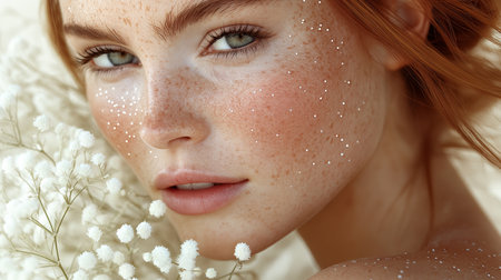 Closeup portrait of young beautiful redhead woman with frecklesの素材