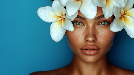 Beautiful young woman with plumeria flowers on her face. Beauty and spa concept.の素材