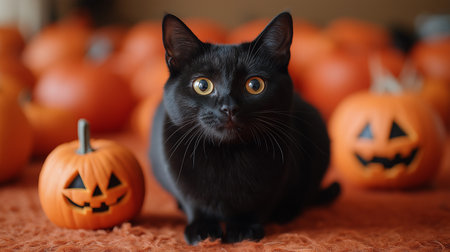 Halloween black cat with orange pumpkins, halloween backgroundの素材