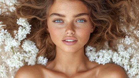 Portrait of a beautiful young woman lying on the white flowers.の素材