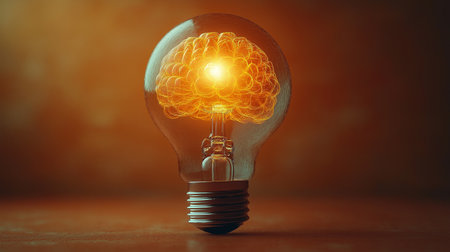 Human brain inside of a light bulb on a dark background. 3d illustrationの素材