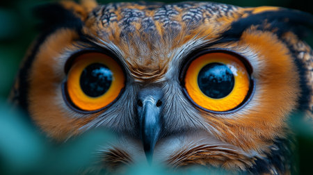 Close up portrait of a beautiful owl with big orange eyes in natureの素材