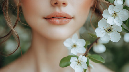 Close up portrait of beautiful young woman with cherry blossom flowers.の素材
