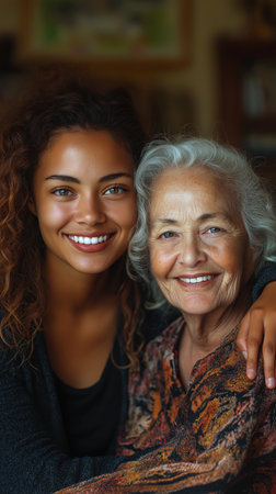 Portrait of smiling senior woman with her adult daughter at home.の素材