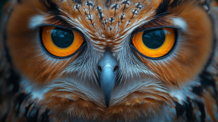 Portrait of a beautiful owl with orange eyes. Close-up.の素材