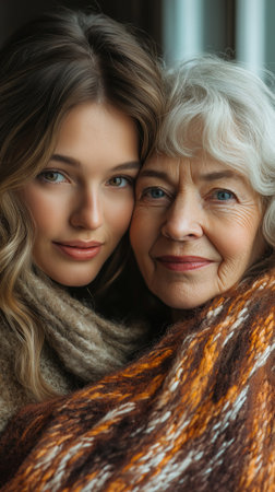 Portrait of smiling senior woman and her adult daughter wrapped in blanketの素材