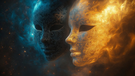 Venetian mask in space with fire and smoke. 3D renderingの素材