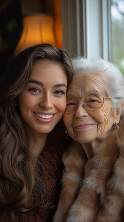 Portrait of a beautiful senior woman with her granddaughter at home.の素材