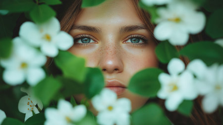 Beautiful young woman with green eyes and white flowers in her hairの素材