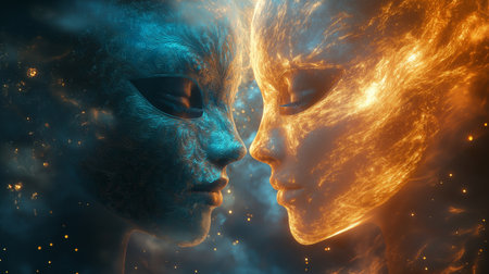 Digital Illustration of a Couple Surrounded by Fire and Flamesの素材