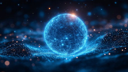 Abstract digital blue sphere with particles on dark background. 3D renderingの素材