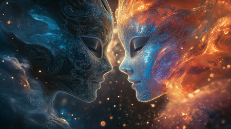 Fantasy alien woman and man faces in deep space. 3D renderingの素材