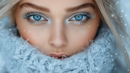 Close-up portrait of a beautiful girl with blue eyes in a knitted scarfの素材