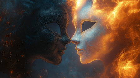 Two women in a carnival mask with fire on a dark backgroundの素材