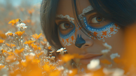 Beautiful young woman with mexican sugar skull makeup in poppy fieldの素材