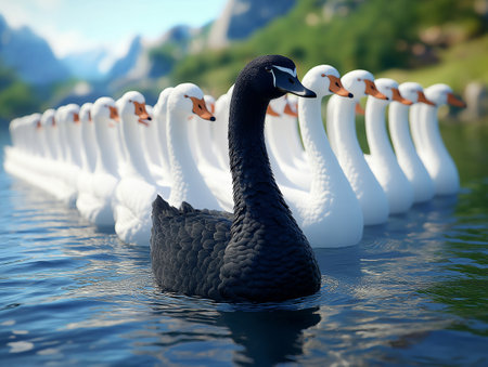 Black swans swimming in the lake. 3d render image.の素材