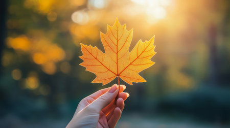 Autumn maple leaf in the hands of a girl. Autumn backgroundの素材