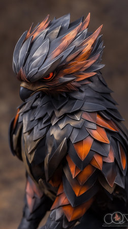 Close up of a black and orange parrot head with black feathersの素材