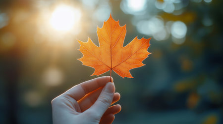 Female hand holding a red maple leaf on a background of the sunの素材