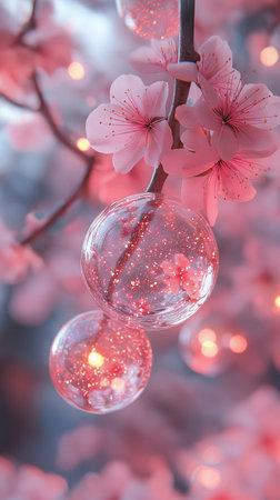 Branch of cherry blossoms with glass balls on blurred background.の素材