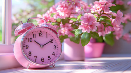 Vintage alarm clock and pink flowers on the windowsill. Time conceptの素材
