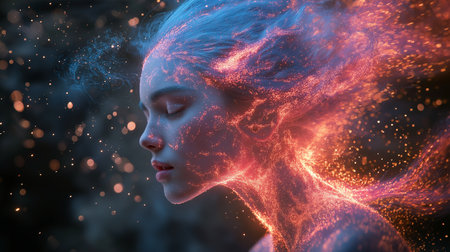 3D rendering of a beautiful woman's face with glowing red hair.の素材