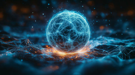 3d illustration of abstract blue sphere with glowing particles on dark backgroundの素材