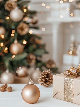 Christmas gift box with golden bow and christmas tree on background.の素材