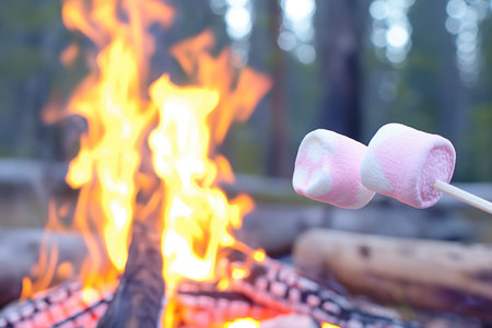 Marshmallows on a stick over the fire in the forest.の素材