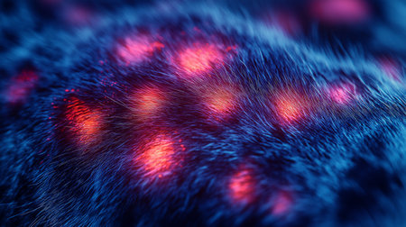 Close-up of a cat's fur with red and blue lightsの素材
