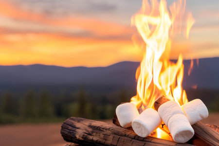 Close up of marshmallows burning on campfire with mountains in backgroundの素材
