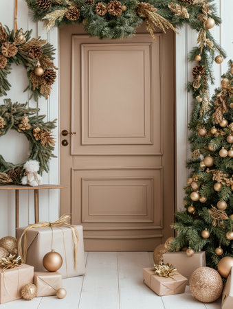 New Year's interior with a beautiful Christmas tree and gifts. Christmas background.の素材