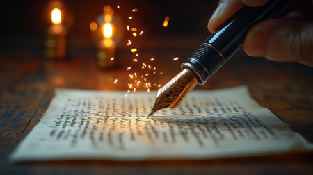 Close up of female hand writing on paper with fountain pen on wooden tableの素材