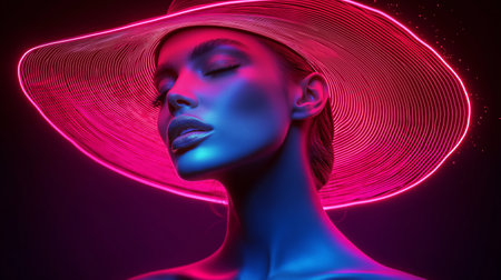 Fashion portrait of a beautiful woman in a hat with neon light.の素材