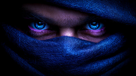 Close-up portrait of a beautiful woman with blue eyes and scarfの素材