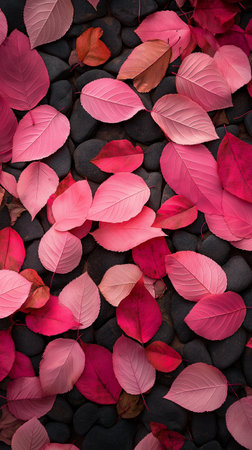Colorful autumn leaves background. Red and pink leaves on black stone.の素材