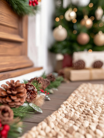 Christmas decorations and gifts on the wooden floor with a Christmas tree in the backgroundの素材