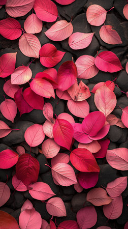 Pink leaves on black stone background, top view. Nature concept.の素材