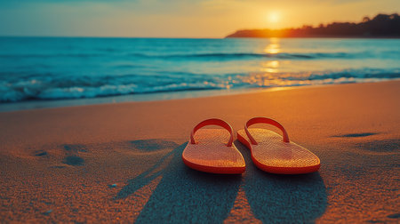 Orange flip flops on the beach at sunset. Vacation conceptの素材